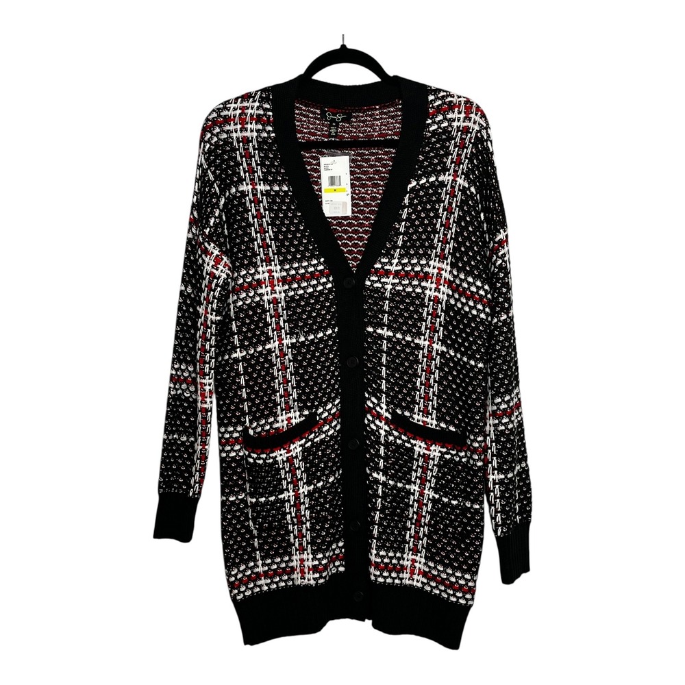 Jessica Simpson NWT Maria Plaid Longline Cardigan Sweater Black Red White Size M